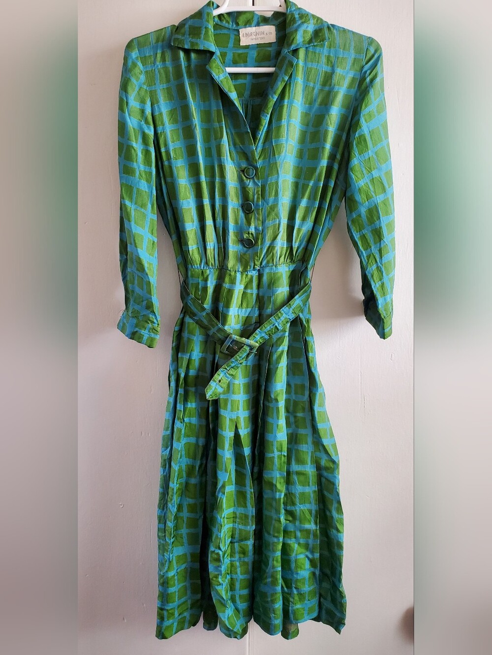 Vintage I. Magnin Silk Shirt Dress Green Blue Grid Plaid Midi Belted Hourglass S